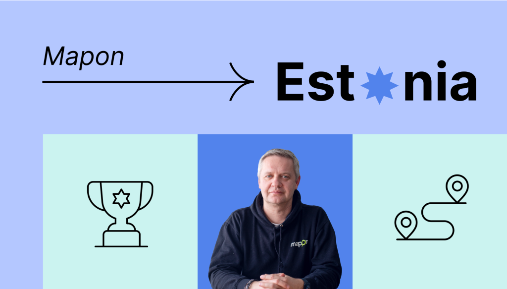 Mapon Estonia branch manager Kaspar Kais in a Mapon hoodie on a blue background.
