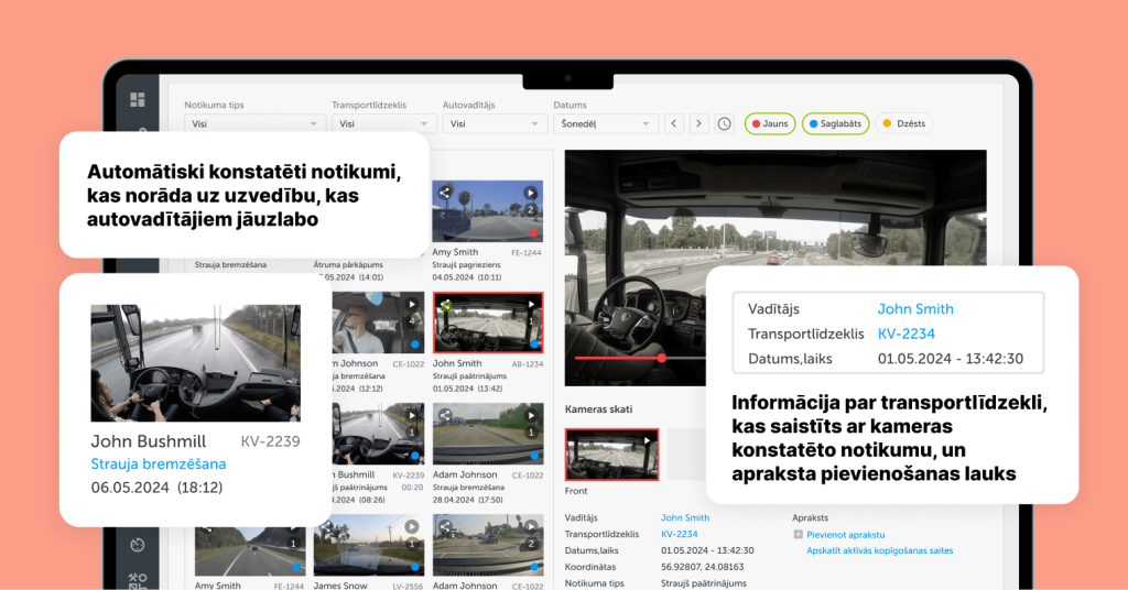 Ekrānuzņēmums no Mapon kameru risinājuma, kurā redzami reģistrētie notikumi – strauja bremzēšana un straujš paātrinājums.