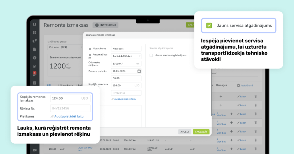 Mapon autoparka pārvaldības platformas ekrānuzņēmums ar remonta izmaksu sadaļu, kurā var pievienot rēķinus un servisa atgādinājumus atsevišķiem transportlīdzekļiem.