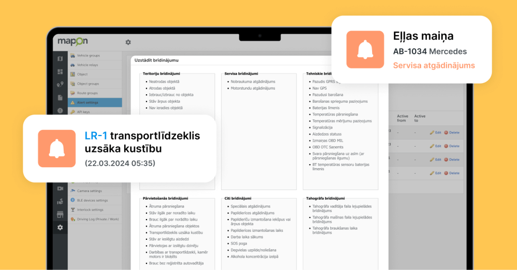 Ekrānuzņēmums ar Mapon autoparka pārvaldības  platformā ar attēlotajiem brīdinājumu veidiem, piemēram, teritoriju, servisa, tehniskie un pārvietošanās brīdinājumi.