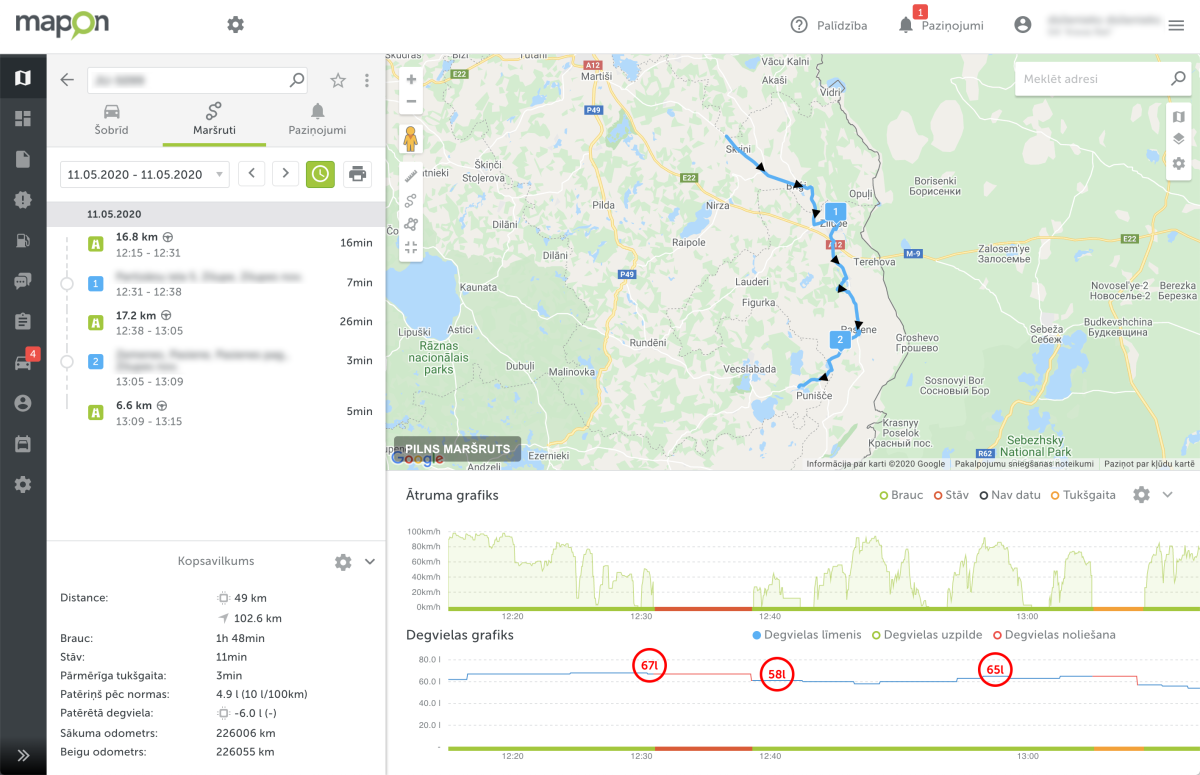Mapon platformas kartes skata ekrānuzņēmums, kurā redzams degvielas patēriņa grafiks un vadītāja maršruts, lai noteiktu iespējamo degvielas noliešanu.