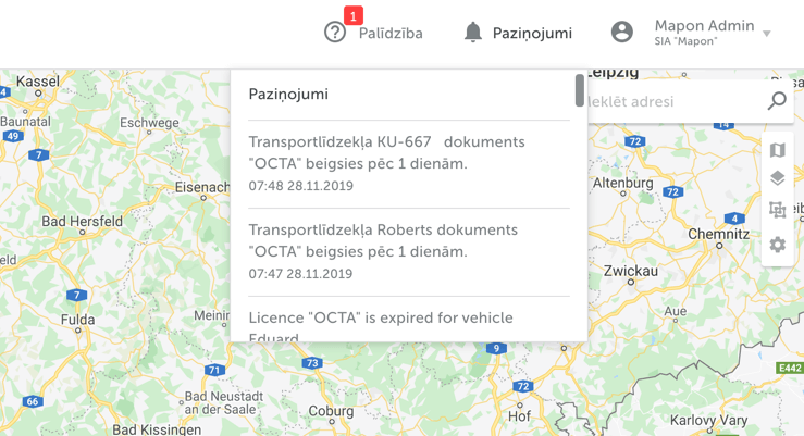 Mapon sistēmas paziņojumi