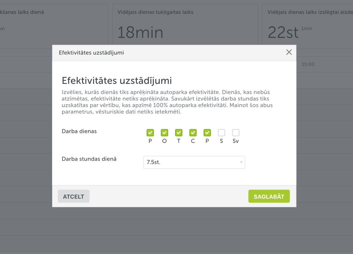 Mapon platformā atvērti autoparka efektivitātes risinājuma iestatījumi, kas ļauj lietotājam pielāgot darba dienas un stundas, kad tiek mērīta transportlīdzekļa efektivitāte.