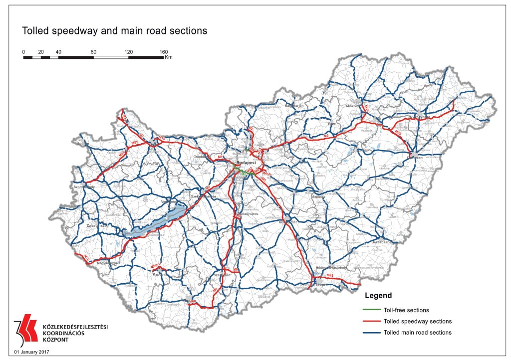 Ungārijas karte ar apzīmētiem maksas ceļu posmiem (uz 2017. gada 1. janvāri). Sarkanā krāsā atzīmētas maksas ātrgaitas šosejas (automaģistrāles un ekspresceļi), zilā – maksas valsts nozīmes autoceļi, zaļā – bezmaksas posmi. Budapešta iezīmēta kartes centrā, no kurienes maksas ceļi stiepjas visos virzienos, tostarp pa M1, M3, M5, M6 un M7 maģistrālēm.

