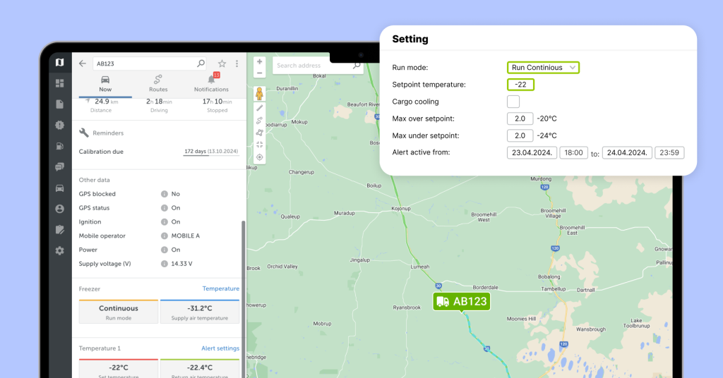 Скриншот платформы Mapon, на котором показаны отчеты о мониторинге температуры в логистике и дополнительно выделен раздел настройки температуры.