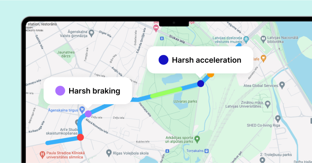 Mapon kalustonhallintajärjestelmä, jossa näkyy kuljettajan ajotapa ja rajut kiihdytyksen ja jarrutukset.