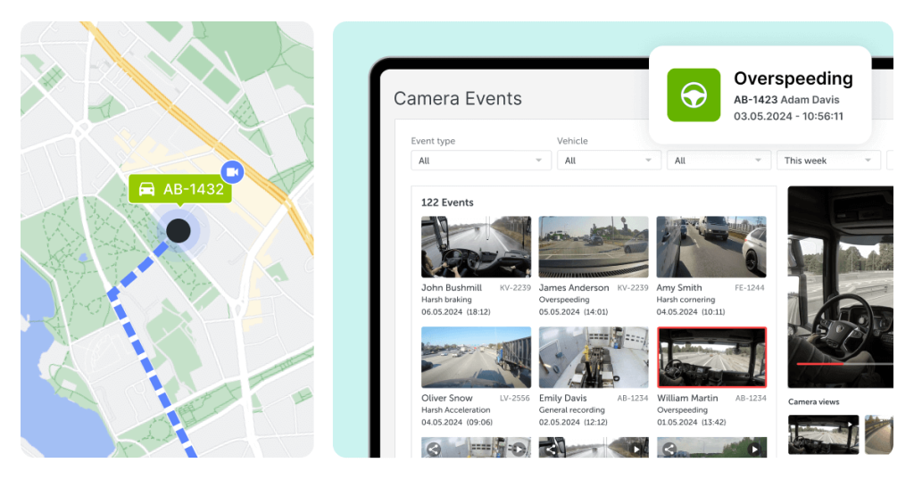 Mapon kalustonhallintajärjestelmä, jossa näkyy auton gps-paikannus ja ajoneuvokameroiden videotallenteet.