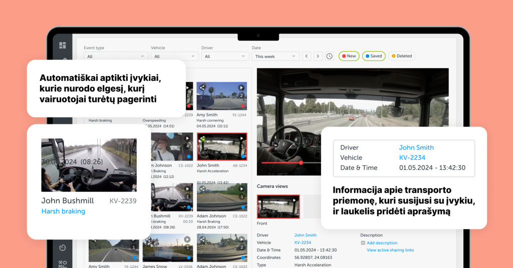 Ekrano nuotrauka iš Mapon vaizdo kamerų sprendimo, kuriame rodomi užfiksuoti įvykiai – autoparko valdymo duomenys apie staigų stabdymą ir staigų greitėjimą.