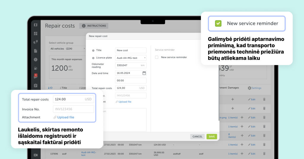 Ekrano nuotrauka iš Mapon autoparko valdymo analizės  platformos, kurioje matoma remonto išlaidų skiltis su laukeliais sąskaitoms ir techninės priežiūros priminimams konkretiems automobiliams.