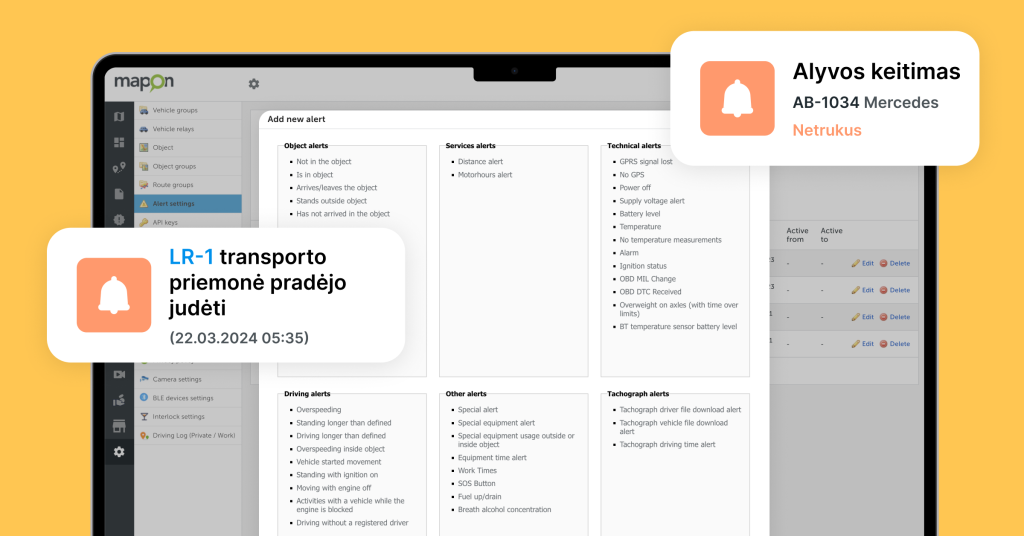 Ekrano nuotrauka iš Mapon autoparko valdymo analizės platformos, kurioje rodomi įspėjimų tipai, tokie kaip objektų, aptarnavimo, techniniai ir vairavimo įspėjimai.