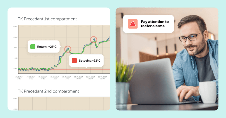 Sammensat billede, der viser en temperaturgraf for en køleenhed med en betydelig temperaturafvigelse og en mand, der arbejder på en bærbar computer ved siden af en advarselsbesked.