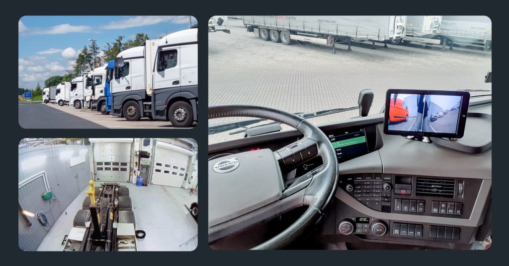 Kollage af lastbiler og kameraer: Parkerede lastbiler, en lastbil i en garage filmet af et kamera og en lastbilskabine med en skærm, der viser et bakkamera-feed.