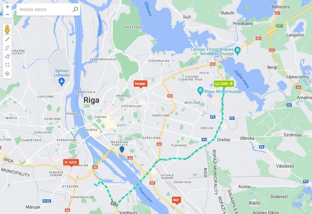 Et skærmbillede af Mapon Pro Kortvisning med en fremhævet rute