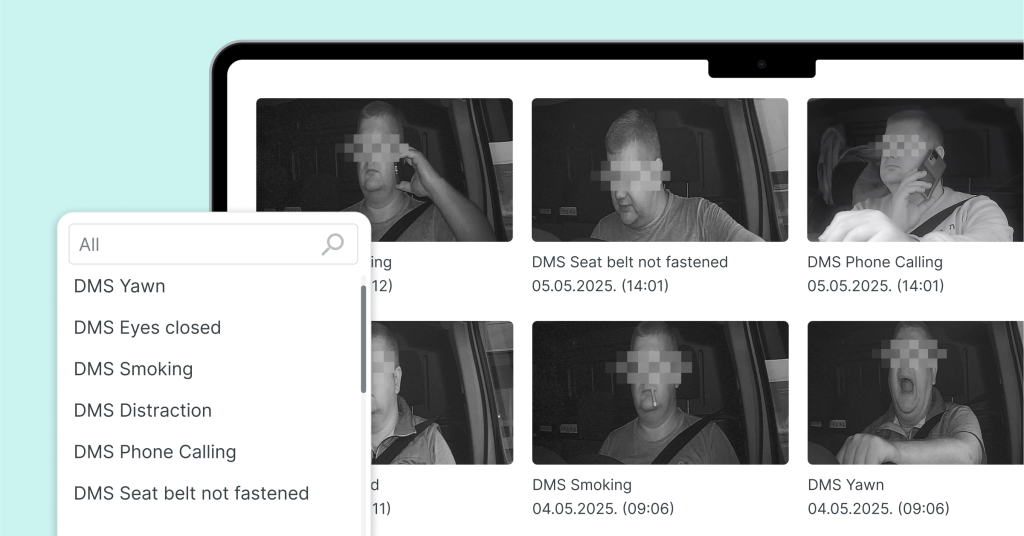 Mapon platformas skats ar video priekšskatījumiem, kuros redzami dažādi DMS kameru notikumi: runāšana pa telefonu, neaizsprādzēta drošības josta, smēķēšana, žāvāšanās, aizvērtas acis, šofera neuzmanība.