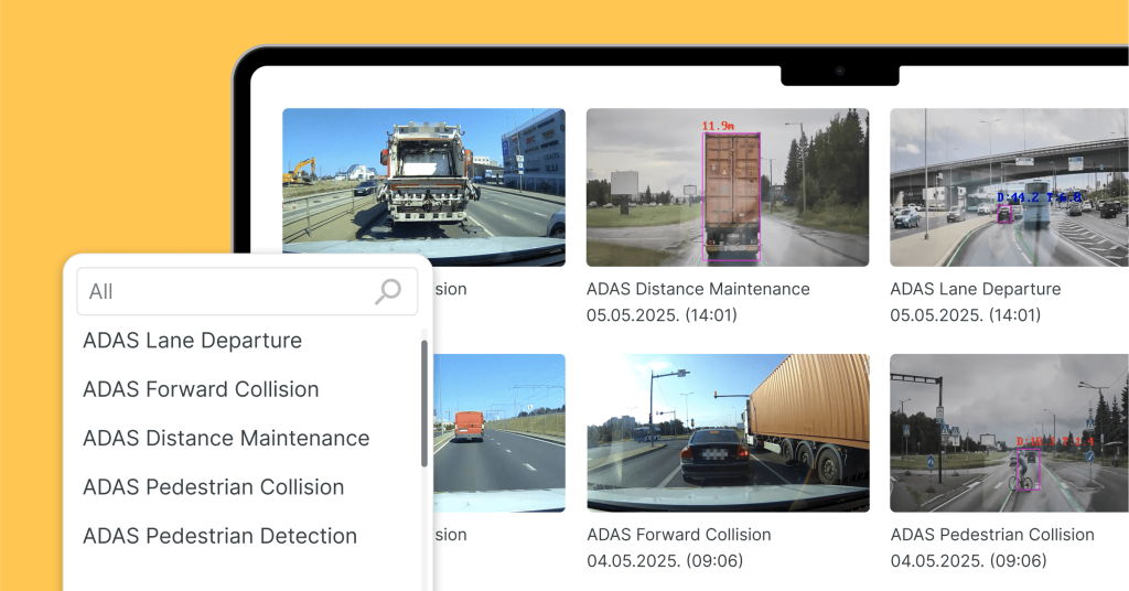 Интерфейс платформы Mapon, отображающий события камеры автопарка ADAS, такие как съезд с полосы, фронтальное столкновение, поддержание дистанции, столкновение с пешеходом и распознавание с предварительными просмотрами видео с видеорегистратора.