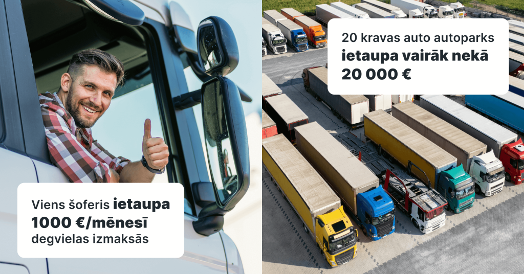 Grafika ar tekstu: “Viens šoferis ietaupa 1000 €/mēnesī degvielai. 20 kravas auto autoparks ietaupa 20 000 €+.” Fons: kravas auto ziemas ainavā.