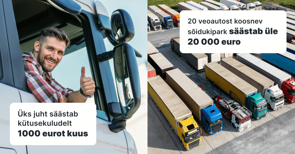 Graafika tekstiga: „Üks juht säästab 1000 eurot kuus kütusekuludelt. 20 veokiga sõidukipark säästab vähemalt 20 000 eurot.“ Taust: talvemaastikus sõitev veok.