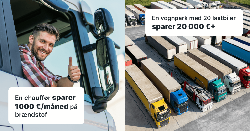 Grafik med teksten: “En chauffør sparer 1000 €/måned på brændstof. En vognpark med 20 lastbiler sparer 20 000 €+.” Baggrund: lastbil, der kører i vinterlandskab.