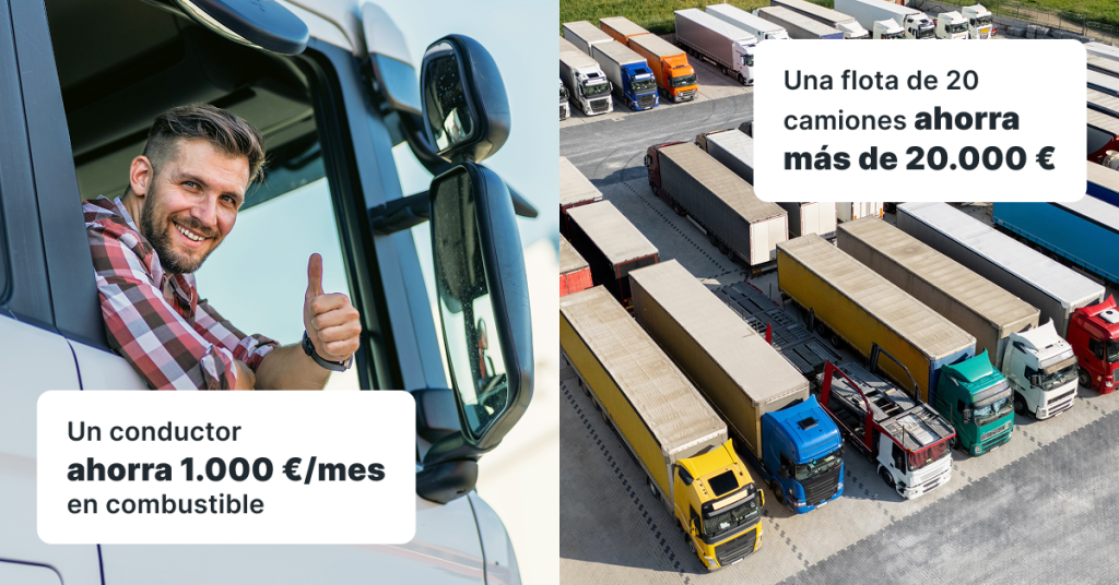 Gráfico con el texto: “Un conductor ahorra 1.000 €/mes en combustible. Una flota de 20 camiones ahorra más de 20.000 €.”