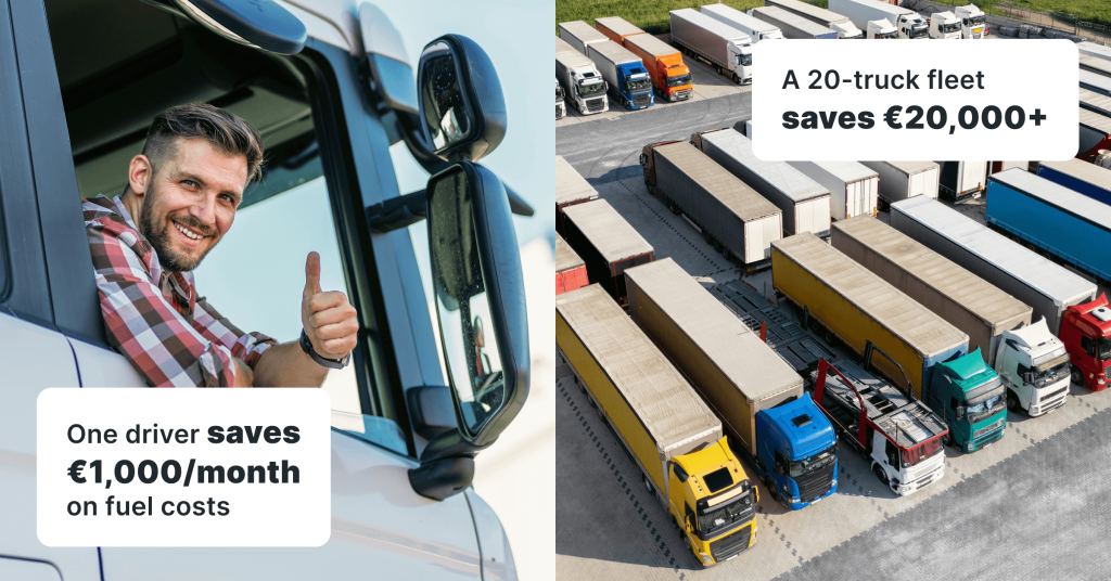 Graphic showing text: “One driver saves €1,000/month on fuel costs. A 20-truck fleet saves €20,000+.” Background: truck driving in winter landscape.