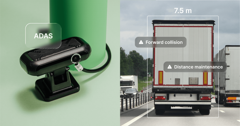 Mapon ADAS fleet camera with forward collision and distance maintenance alerts, showing a truck on the road at 7.5 meters distance.