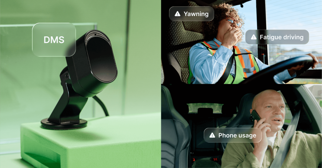 Mapon DMS fleet camera detecting driver behaviors such as yawning, fatigue driving, and phone usage inside vehicles.