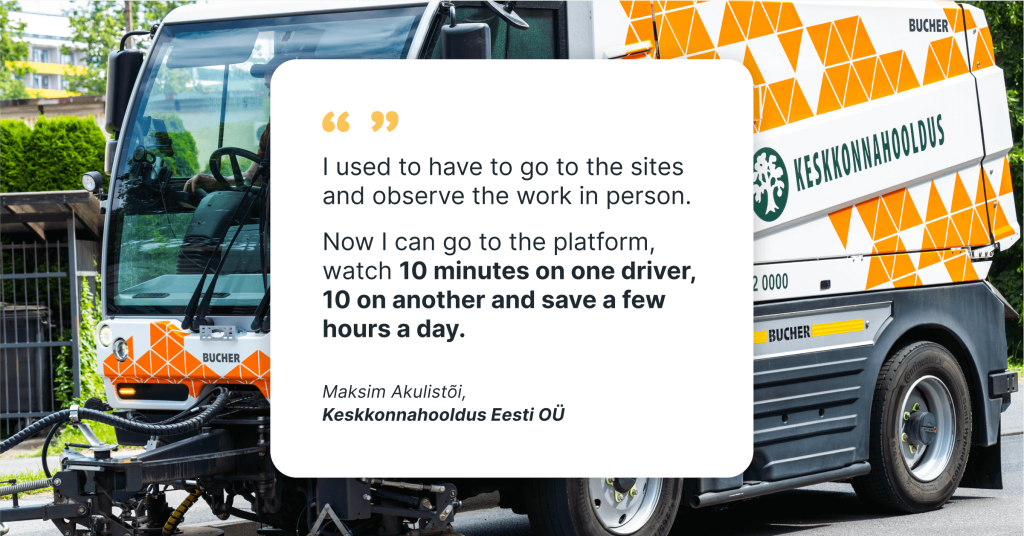 Street cleaning truck from Keskkonnahooldus Eesti OÜ with client testimonial about using the Mapon platform to monitor drivers and save time.