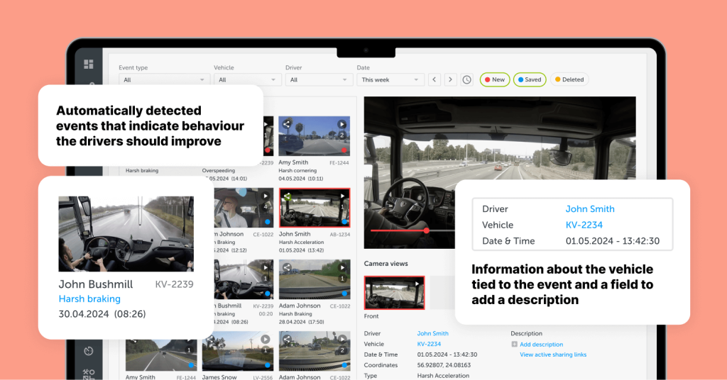 A screenshot of the camera systems solution on Mapon displaying the recorded events – fleet management data on harsh braking and harsh acceleration. 