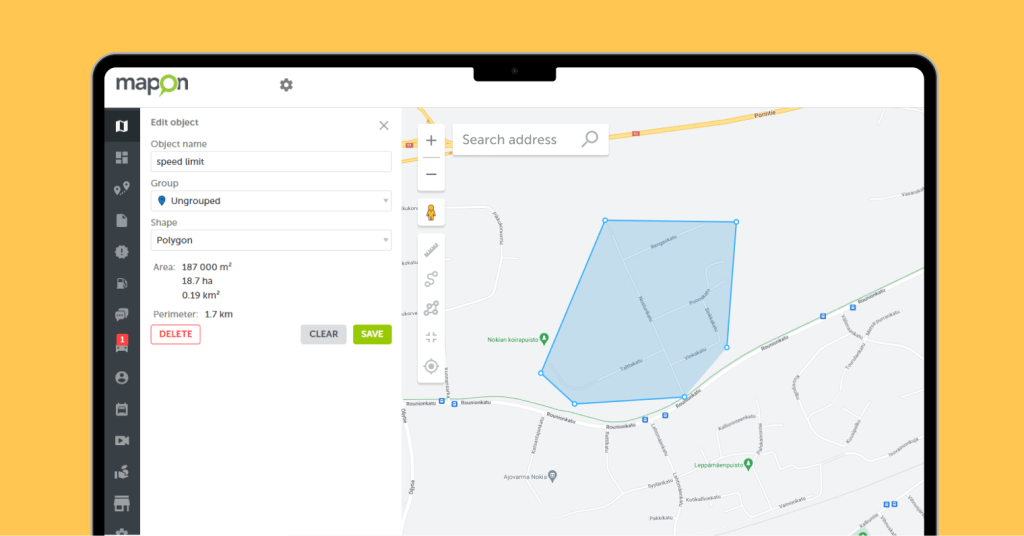 Screenshot of the Mapon platform's Map section, where a geozone has been created.
