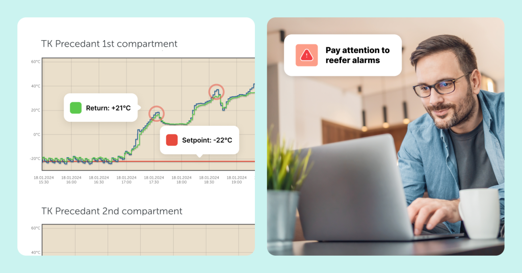A photo of a fleet manager looking at the Mapon platform on his laptop to perform temperature monitoring in logistics. The platform sends an alert saying to pay attention to reefers.