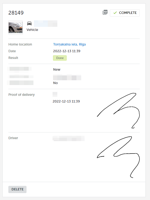 A filled out form as seen on the Mapon platform, containing details such as driver's signature and completion status.
