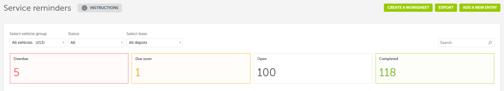 Service reminders as seen on Mapon platform, featuring statuses like Overdue, Due soon, Completed and more.