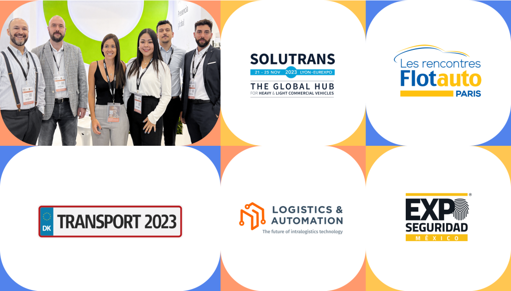 Mapon Spain team at Expo Seguridad, next to logos of all expos that were visited by Mapon team in 2023.