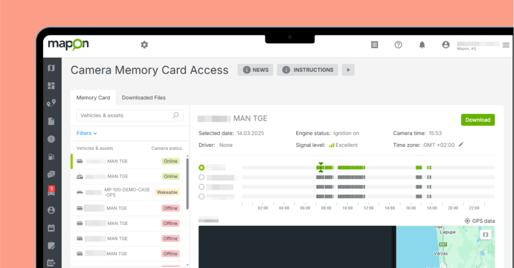 Mapon platform's camera memory card section, where fleet manager can view and download footage from a dashcam.