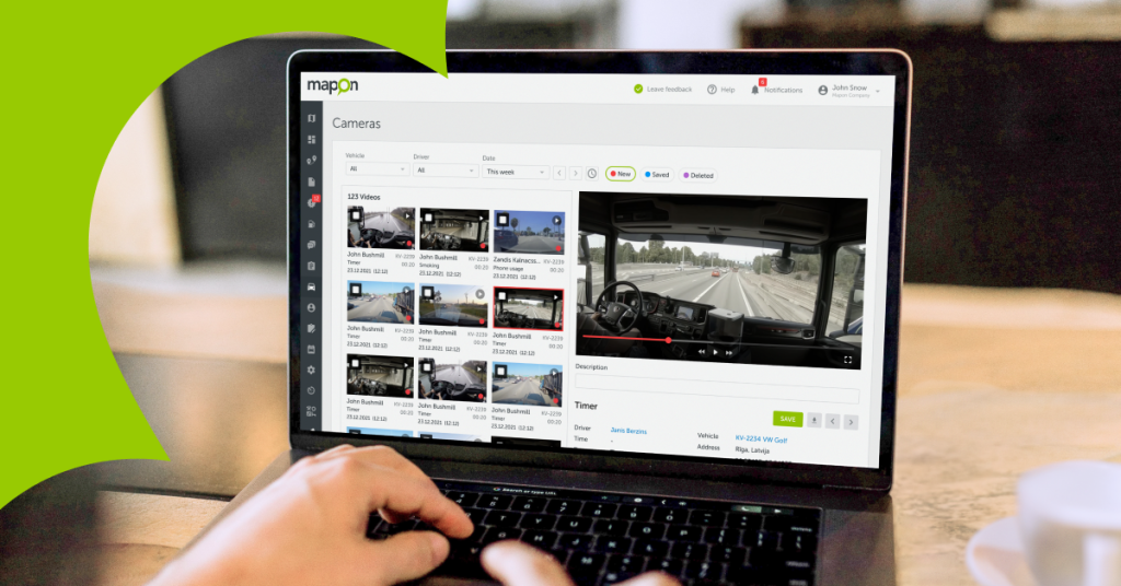 A fleet manager viewing the camera events section of the Mapon platform.
