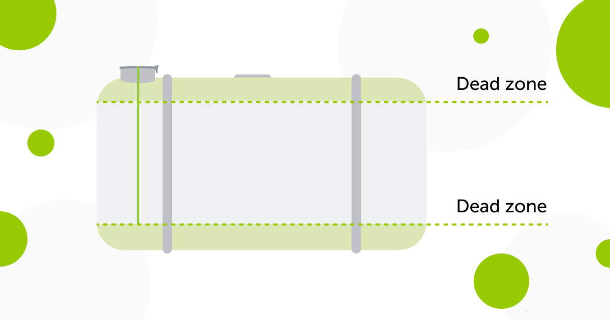 A graphic of a fuel tank with highlighted dead zones in the top and bottom of the tank.