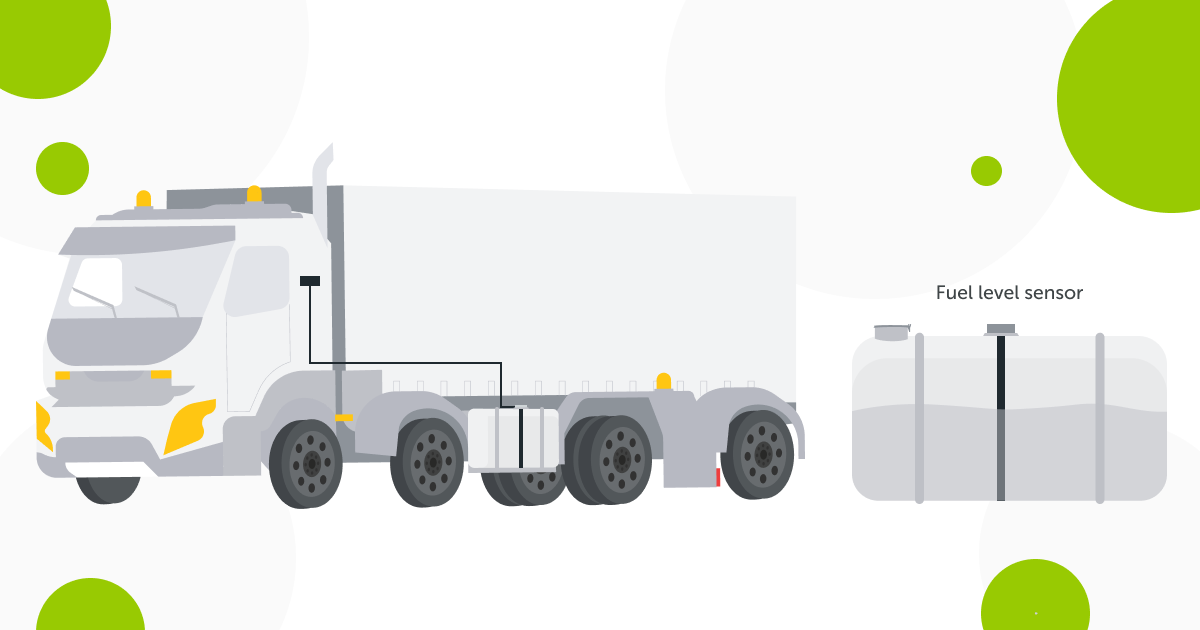 A graphic of a truck and a fuel level sensor showing where the sensor is installed in the truck.