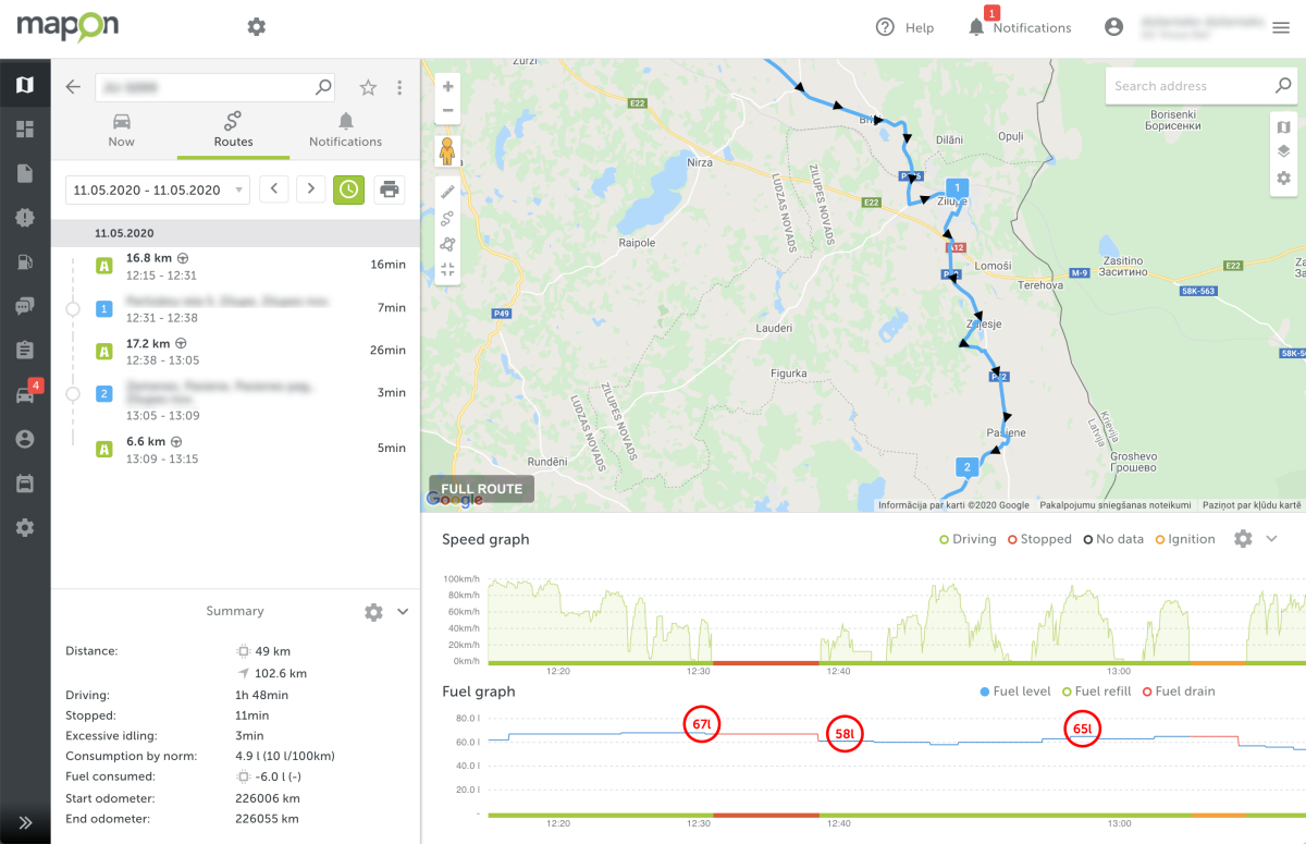 A screenshot of the map view on Mapon platform, which shows the fuel consumption graph and the route the driver took to help identify potential fuel drainages.