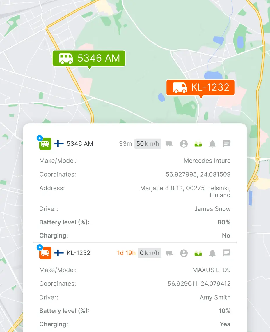 Fleet tracking map displaying live electric vehicle data including location, speed, and battery level.