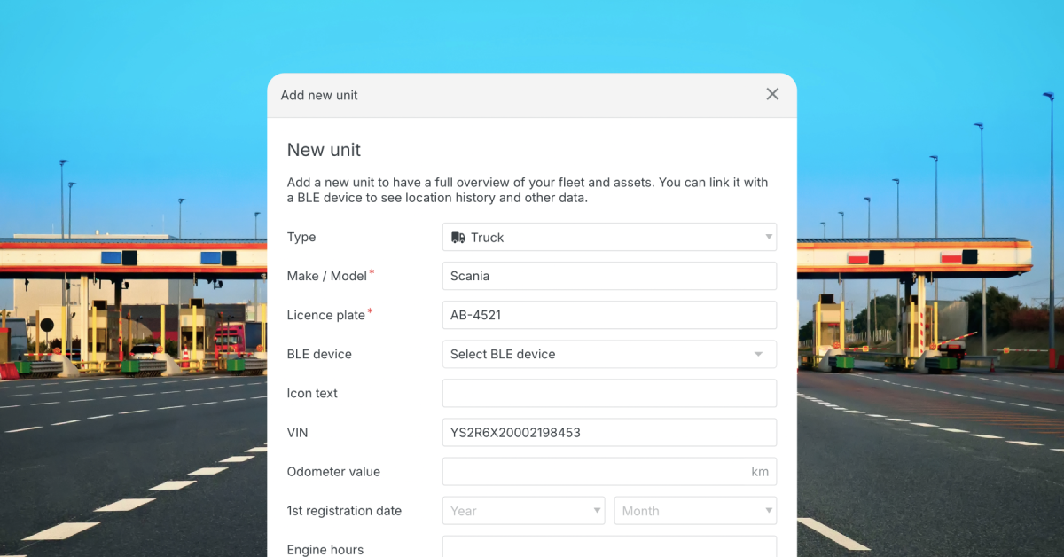 Mapon platform's new unit screen, where a user can fill out fields such as vehicle type and VIN.