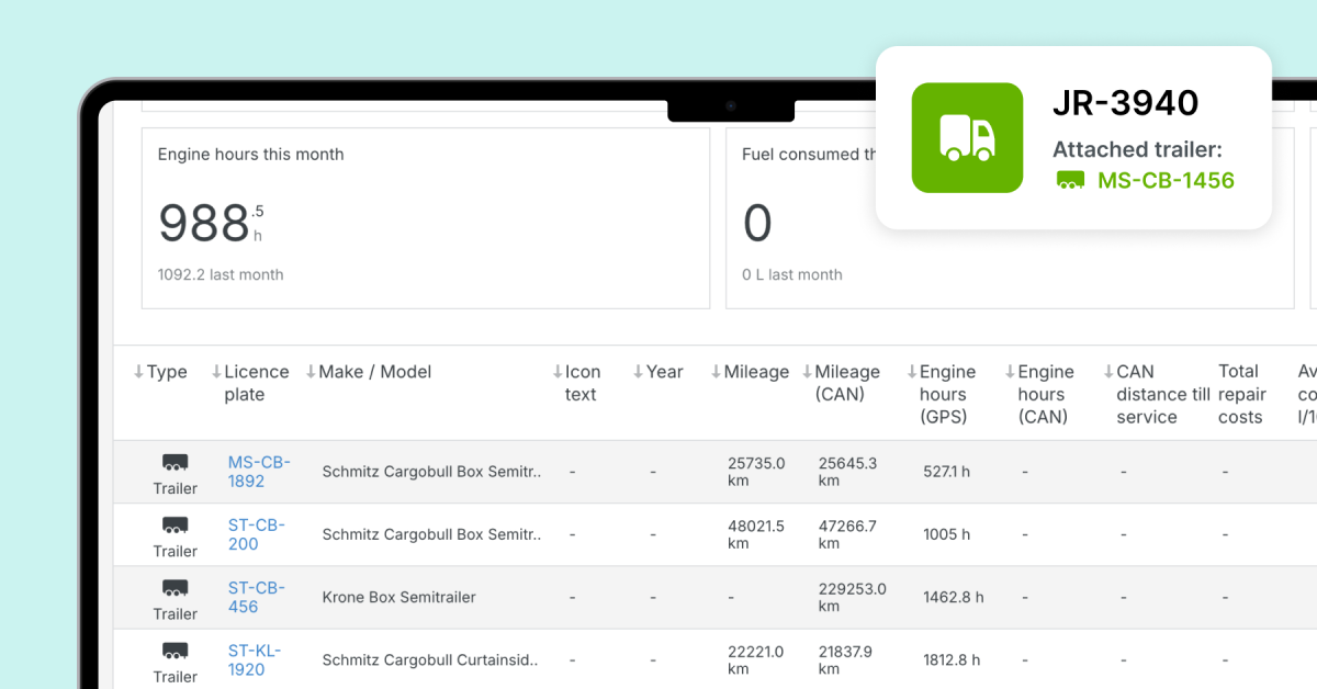 Mapon platform's trailer report with data such as model, licence plate, and attached truck.