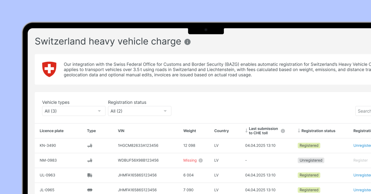 Mapon platform's LSVA III integration view, featuring a list of vehicles and their status.