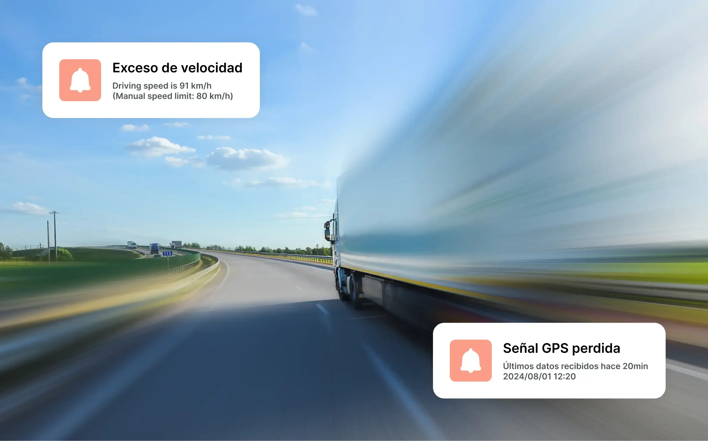 Camión conduciendo por una autopista con alertas mostradas por exceso de velocidad y pérdida de señal GPS.