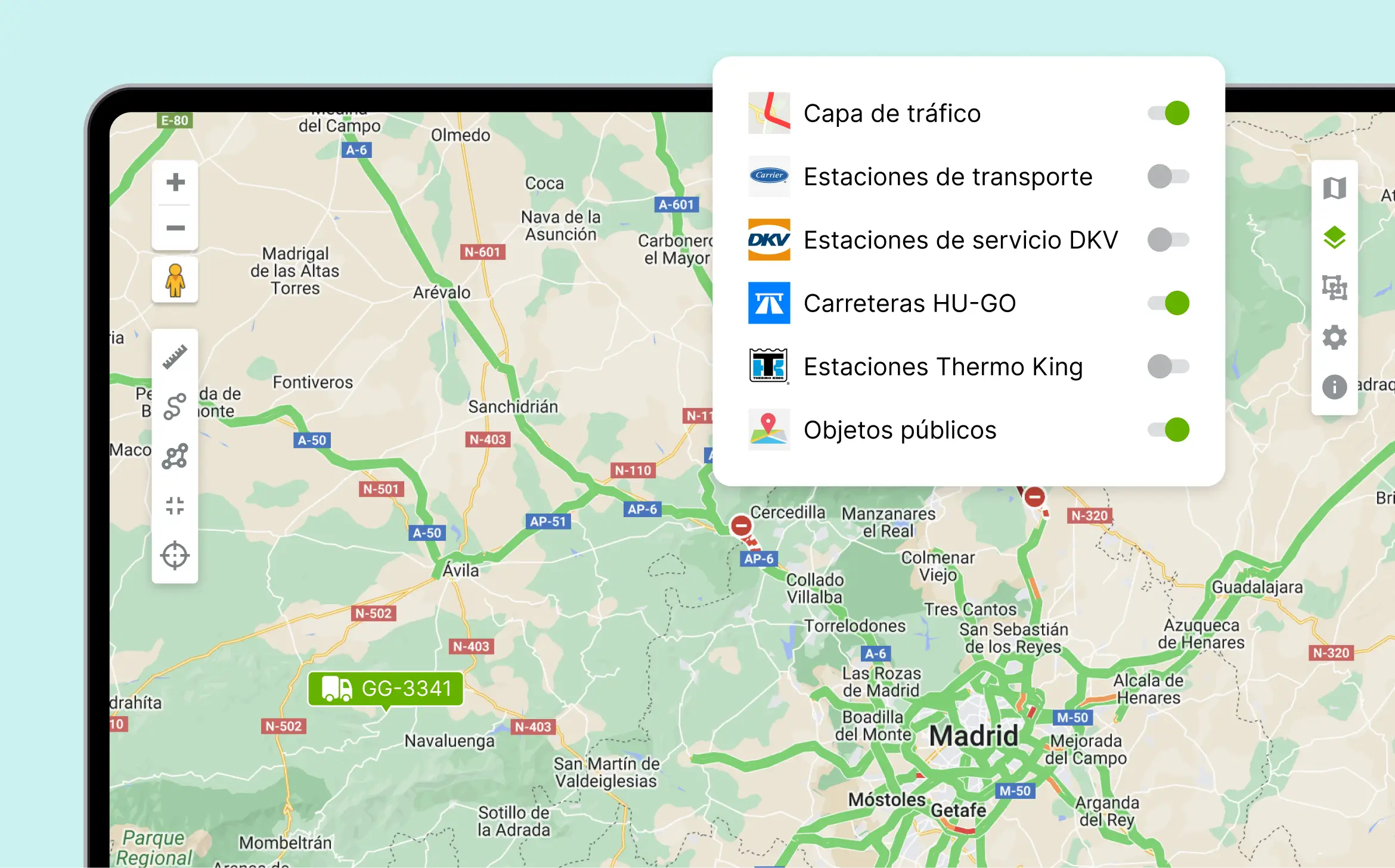Interfaz de la plataforma Mapon que muestra un mapa de Madrid con capas visibles de tráfico, estaciones y carreteras.