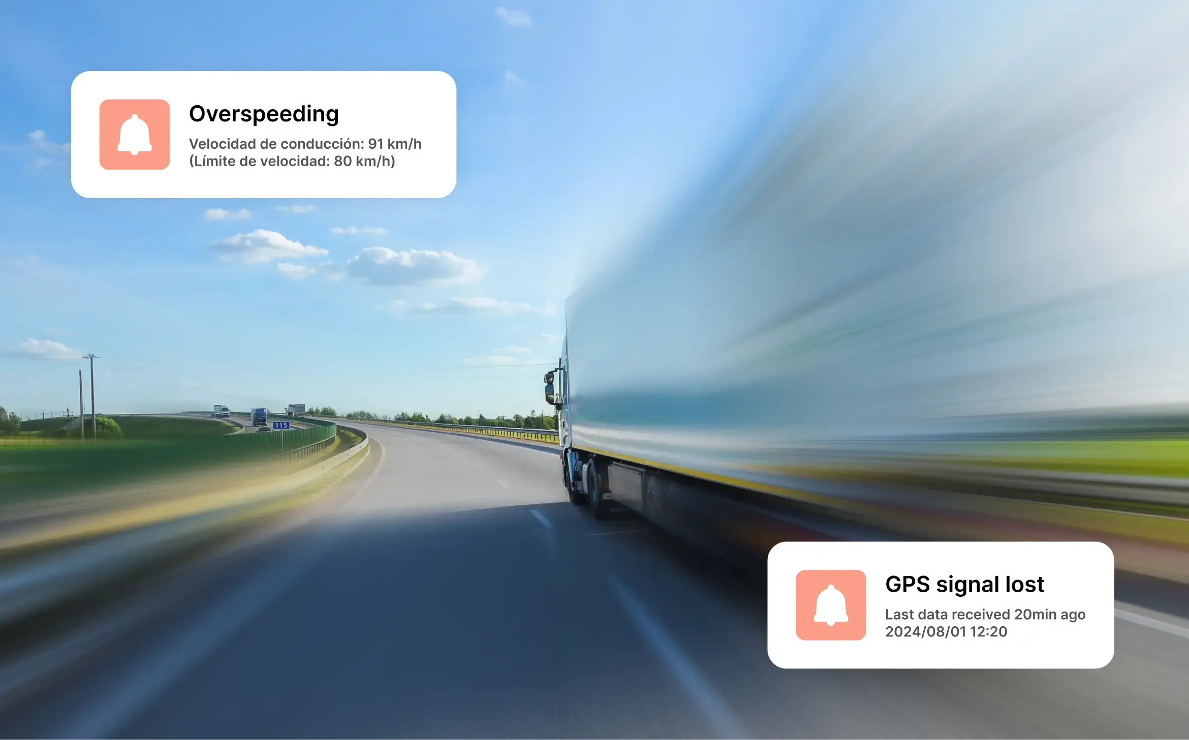 Rekka ajaa moottoritiellä, ja näytetään hälytyksiä ylinopeudesta ja GPS-signaalin katoamisesta.