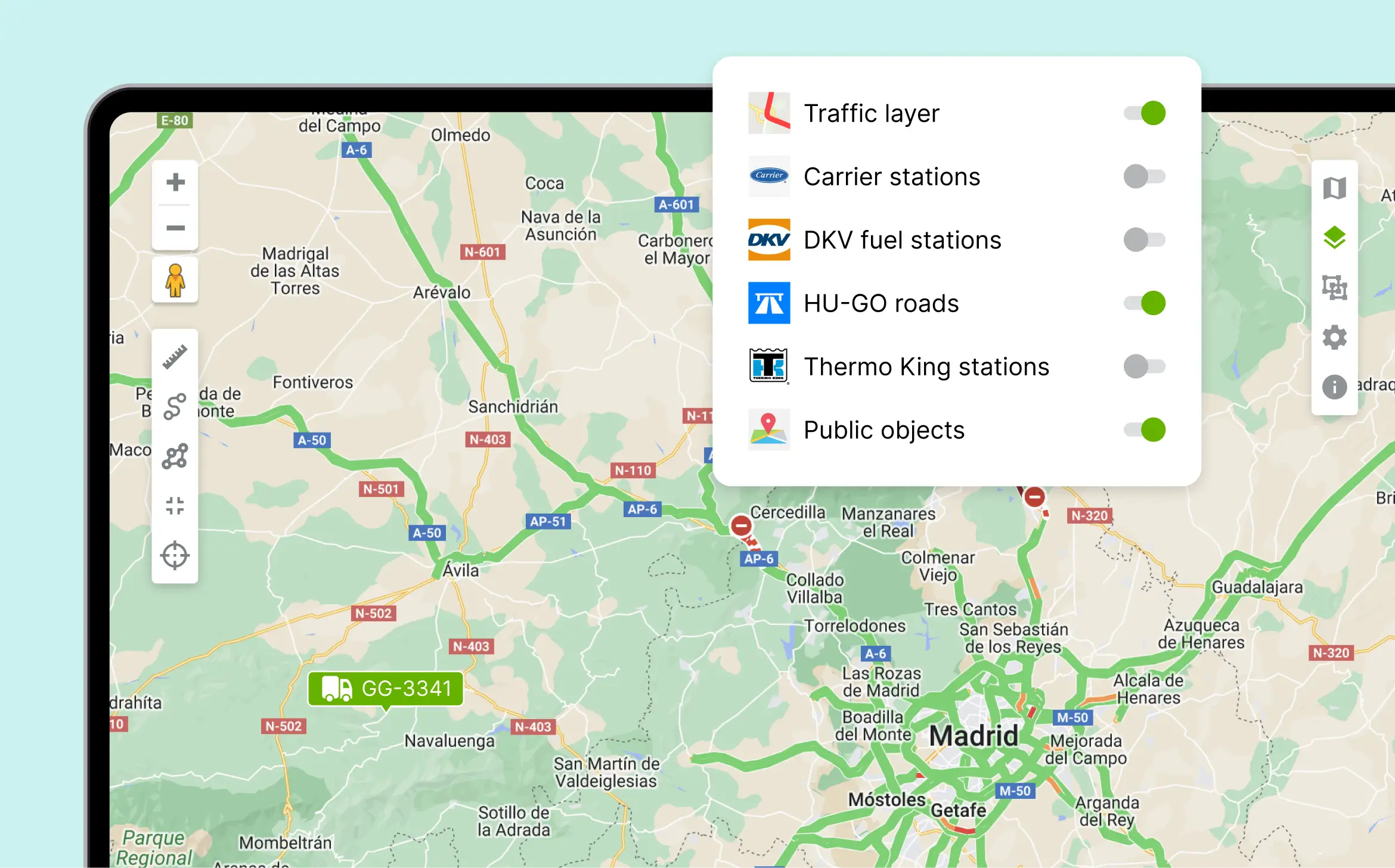 Mapon-platformens grænseflade viser et kort over Madrid med synlige trafik-, station- og vejlag.