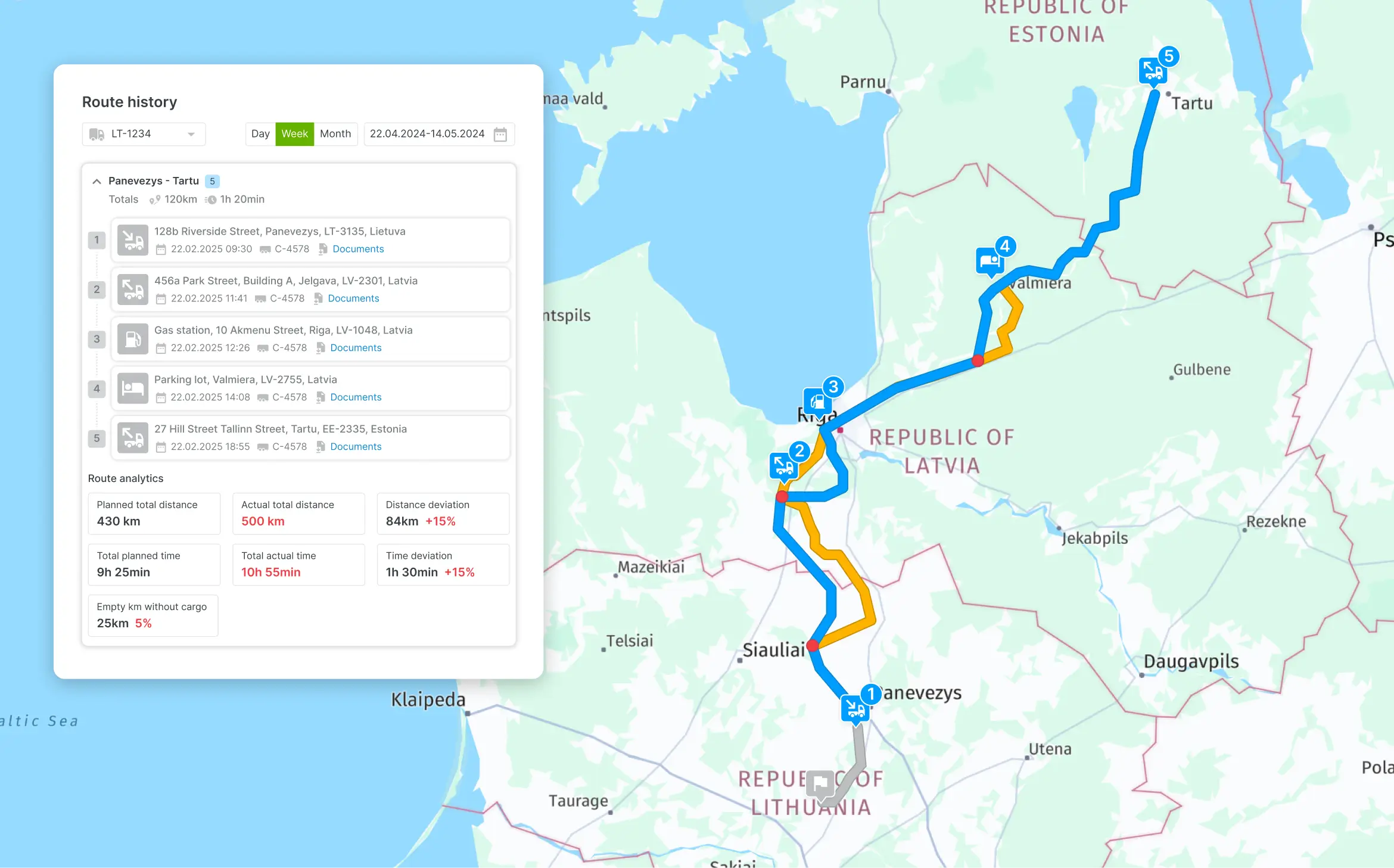 Mapon rutehistorikfunktion viser rejseoplysninger og ruteanalyse på et kort over Baltikum.