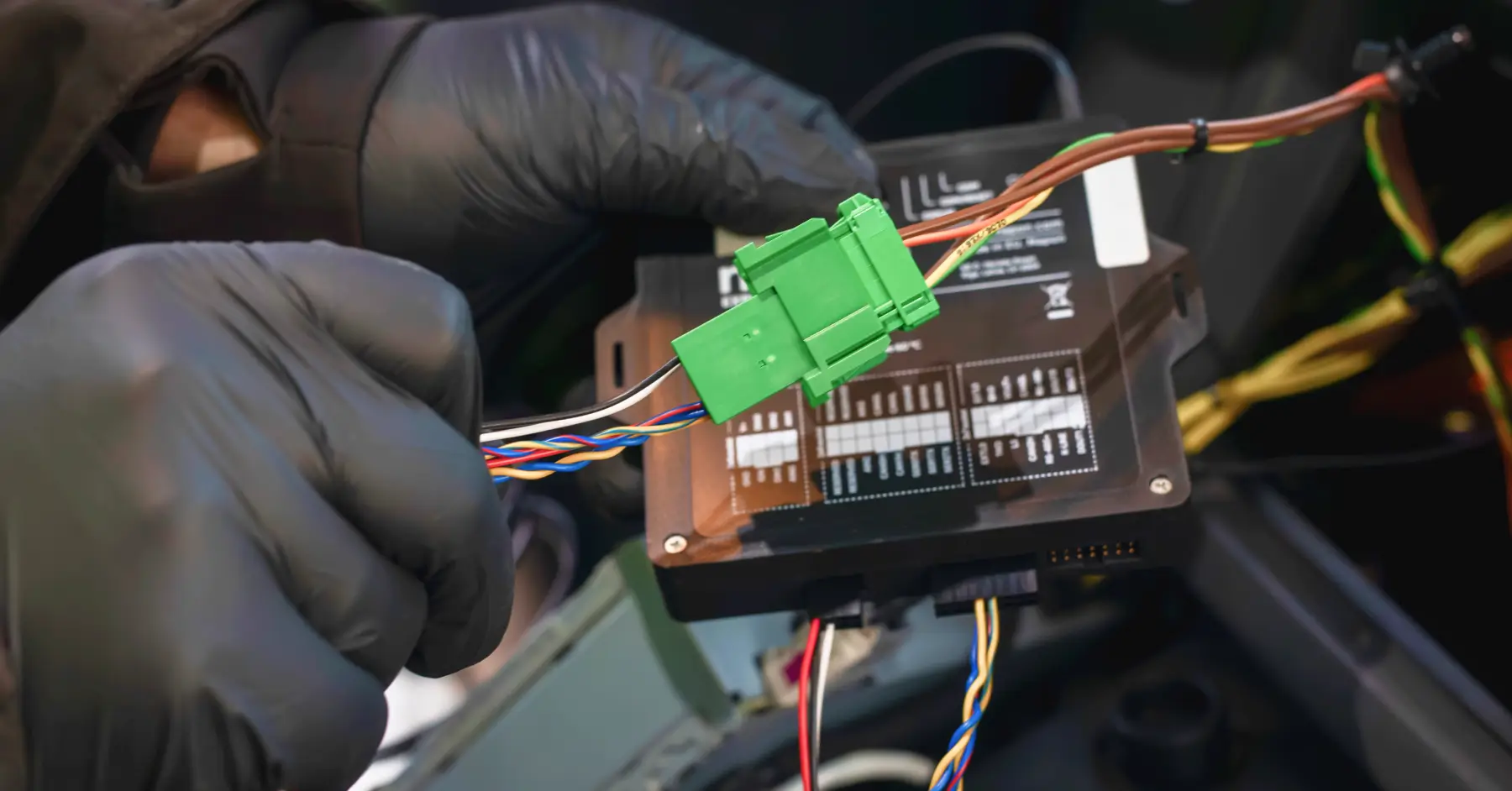 Tekniker installerar Mapon Expert avancerad telematikenhet i en lastbil via FMS-kontakt.