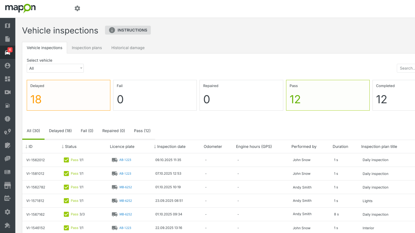 Проверь статус всех заказанных осмотров транспортных средств в разделе Управление автопарком.