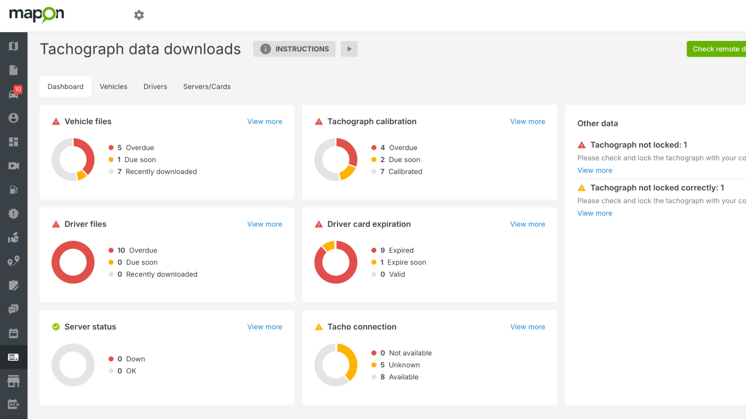 I sektionen for tachograf kan du se de vigtigste deadlines relateret til tachografen i et enkelt overblik – kortudløb, kalibreringer og downloads. Her kan du også kontrollere, om de fjernede downloads fungerer som forventet.
